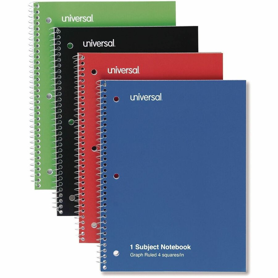 Universal Notebook - 1 Subject(s) - 70 Sheets - Spiral - Quad Ruled Front Ruling - 3 Hole(s) - 15 lb Basis Weight - 10.50" Height x 8" Width - White Paper - Black Paperboard, Blue, Green, Red Cover - 4 / Pack