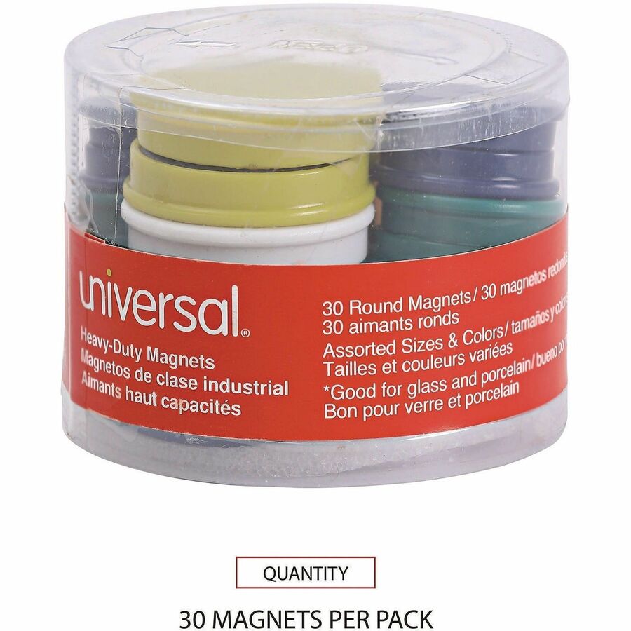 Universal Board Magnet - Circle - Heavy Duty - 30 / Pack - Assorted, Blue, Green, Red, White, Yellow