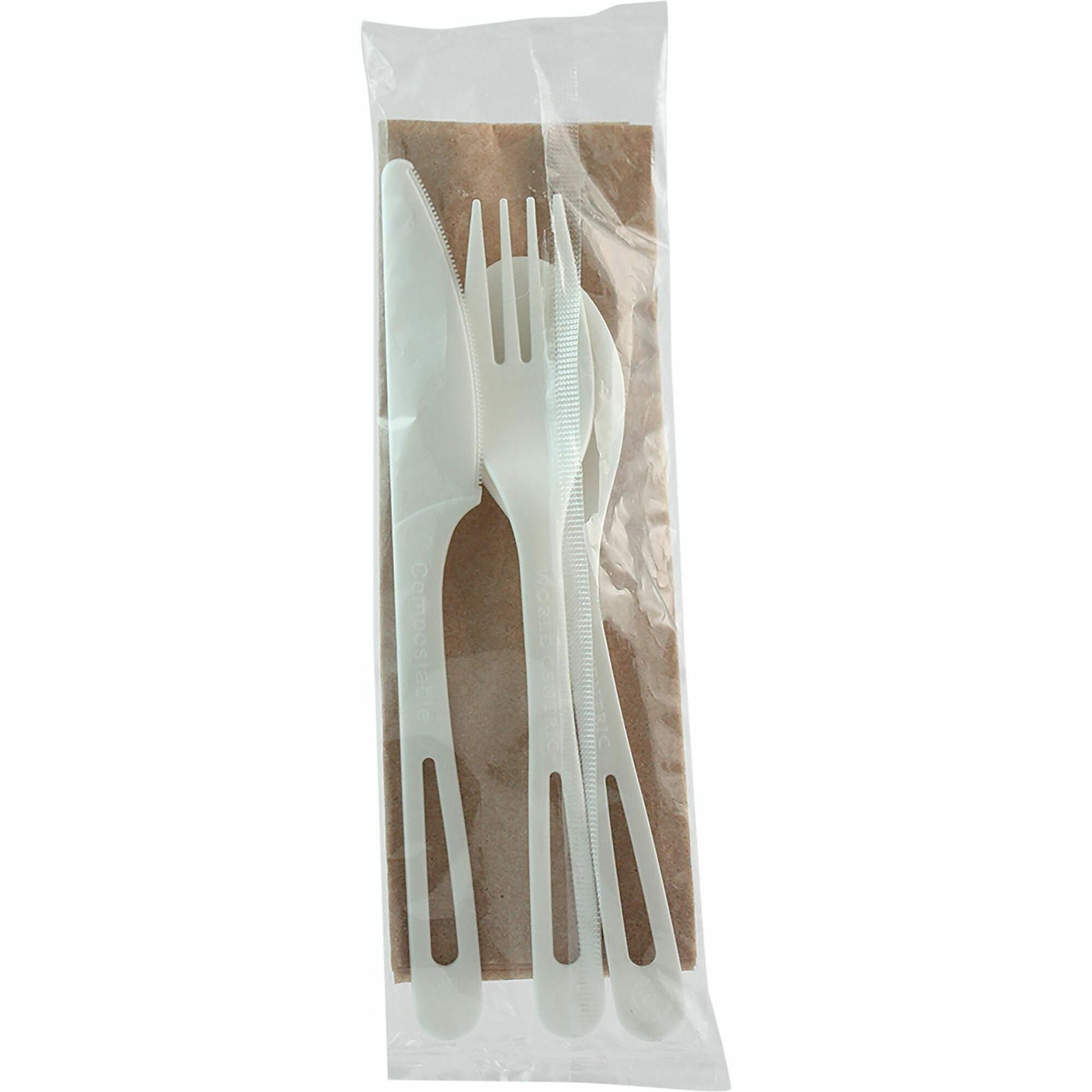 World Centric 6" TPLA Set: (Fork, Knife, Spoon, Napkin) - Cutlery Set - 1 x Spoon - 1 x Fork - 1 x Knife - Dishwasher Safe - White - 250 / Carton