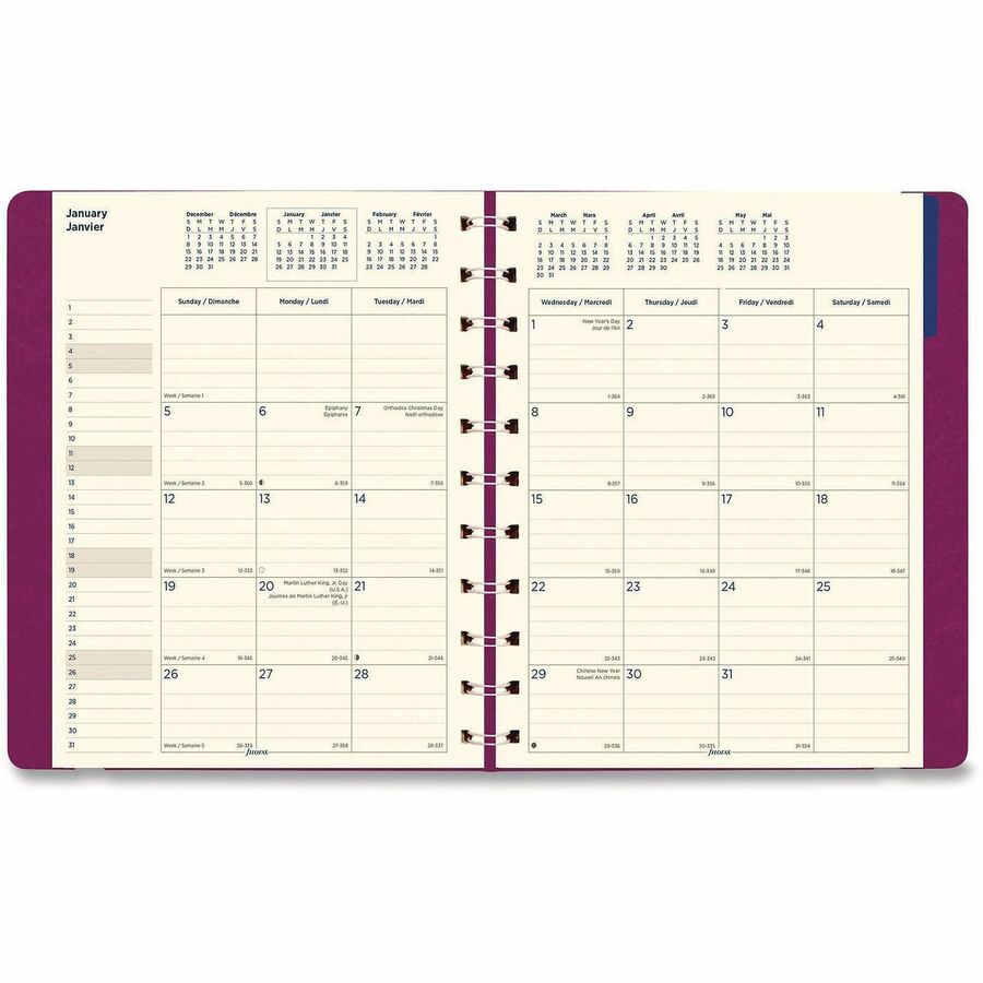 Filofax Planner - Monthly - 17 Month - August 2026 to December 2026 - 1 Month Double Page Layout - Cream Sheet - Twin Wire - Elastic - White - Paper - Fuchsia Leatherette Cover - Ruled Daily Block, Flexible Cover, Storage Pocket, Bilingual, Elastic Clo...