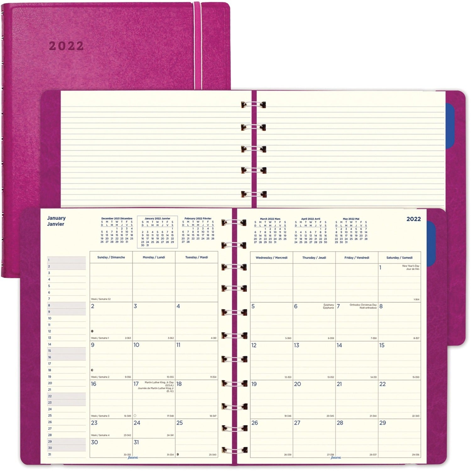 Filofax Planner - Monthly - 17 Month - August 2026 to December 2026 - 1 Month Double Page Layout - Cream Sheet - Twin Wire - Elastic - White - Paper - Fuchsia Leatherette Cover - Ruled Daily Block, Flexible Cover, Storage Pocket, Bilingual, Elastic Clo...