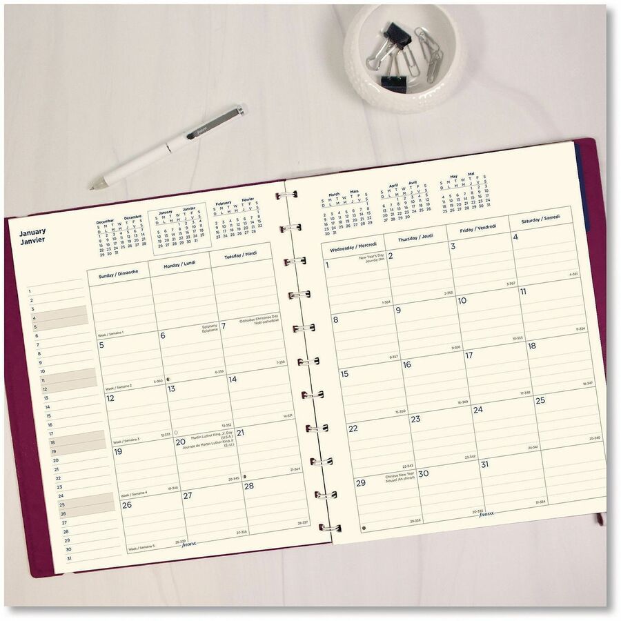 Filofax Planner - Monthly - 17 Month - August 2026 to December 2026 - 1 Month Double Page Layout - Cream Sheet - Twin Wire - Elastic - White - Paper - Fuchsia Leatherette Cover - Ruled Daily Block, Flexible Cover, Storage Pocket, Bilingual, Elastic Clo...