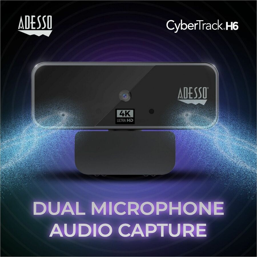 Adesso CyberTrack CyberTrack H6 Webcam - 8 Megapixel - 30 fps - Black - USB 2.0 - 3840 x 2160 Video - CMOS Sensor - Fixed Focus - 120&deg; Angle - Microphone - For Computer, Smart TV, Notebook