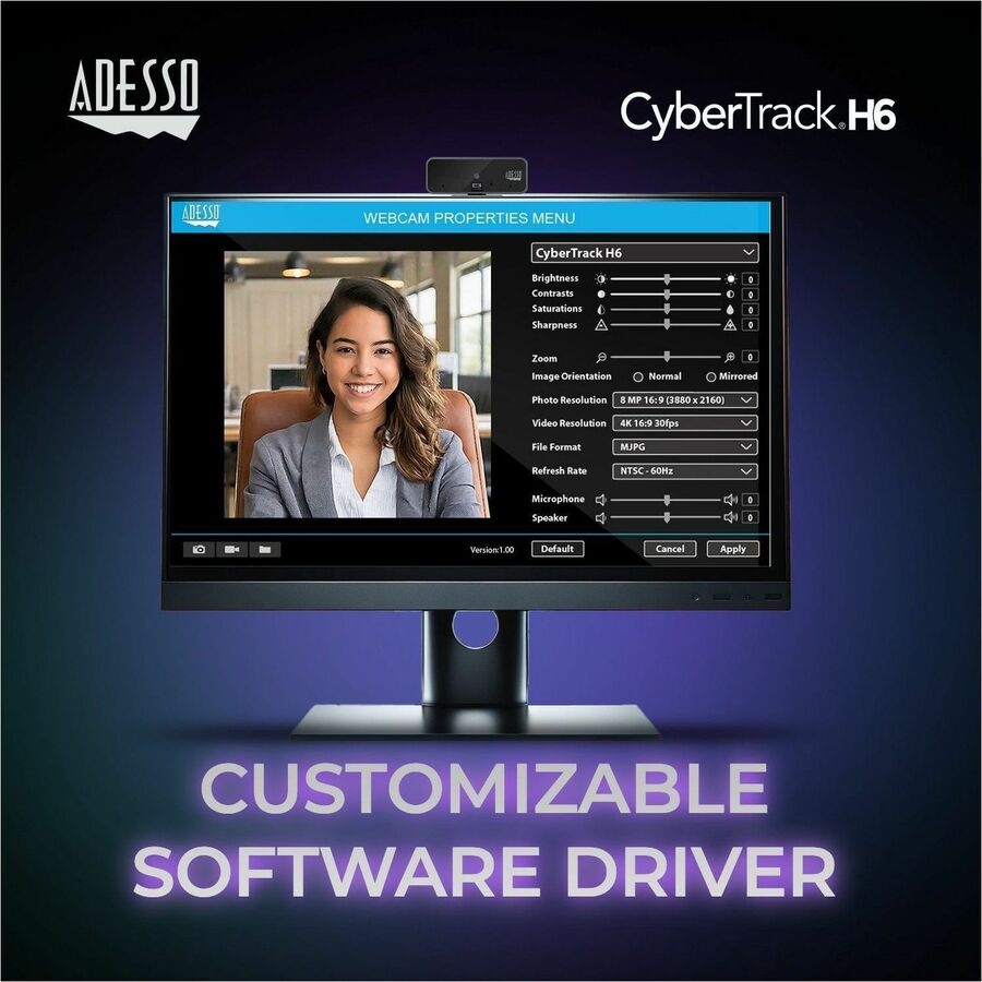 Adesso CyberTrack CyberTrack H6 Webcam - 8 Megapixel - 30 fps - Black - USB 2.0 - 3840 x 2160 Video - CMOS Sensor - Fixed Focus - 120&deg; Angle - Microphone - For Computer, Smart TV, Notebook