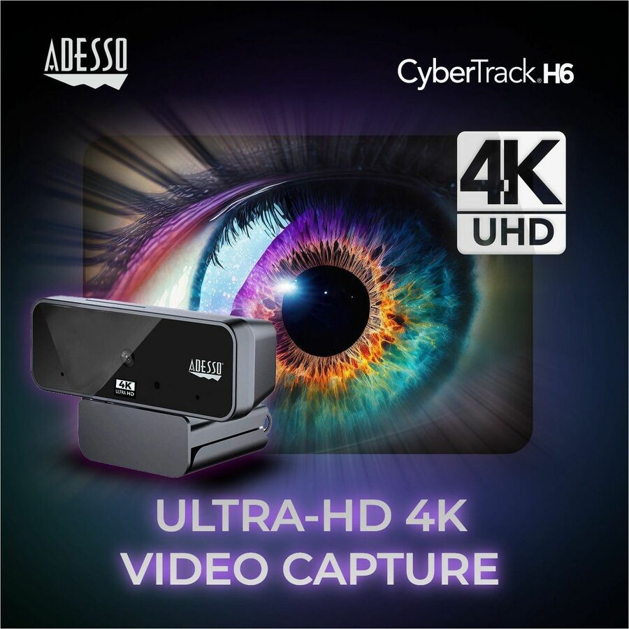 Adesso CyberTrack CyberTrack H6 Webcam - 8 Megapixel - 30 fps - Black - USB 2.0 - 3840 x 2160 Video - CMOS Sensor - Fixed Focus - 120&deg; Angle - Microphone - For Computer, Smart TV, Notebook