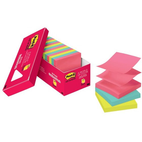 Post-it&reg; Notes Pop-up Notes, 3" x 3" , Cape Town Color Collection, Pack Of 18 Pads - 3" Flag/Note Width x 3" Flag/Note Length - Square - Aqua Splash, Cape Town, Guava, Vital Orange - Pop-up, Repositionable, Adhesive, Residue-free - 18 Pad