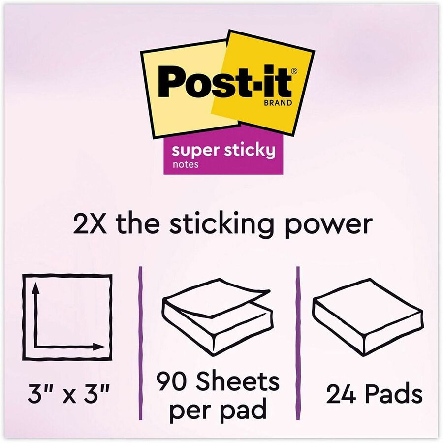 Post-it&reg; Super Sticky Notes, 3" x 3" , Canary Yellow, Pack Of 24 Pads - 3" Flag/Note Width x 3" Flag/Note Length - Square - Canary Yellow - Paper - Super Sticky, Adhesive, Removable, Recyclable, Reusable - 24 Pad