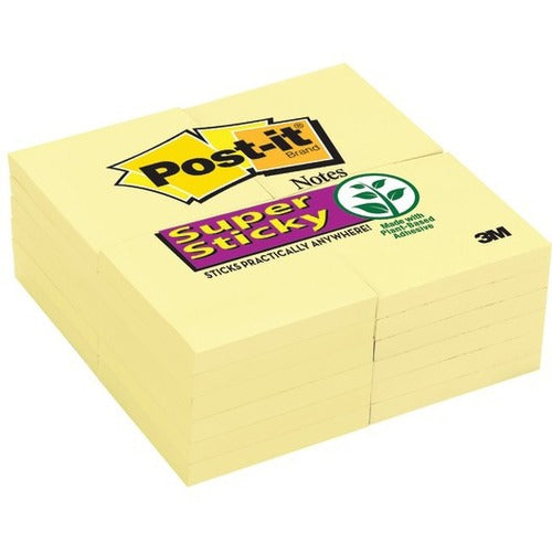 Post-it&reg; Super Sticky Notes, 3" x 3" , Canary Yellow, Pack Of 24 Pads - 3" Flag/Note Width x 3" Flag/Note Length - Square - Canary Yellow - Paper - Super Sticky, Adhesive, Removable, Recyclable, Reusable - 24 Pad