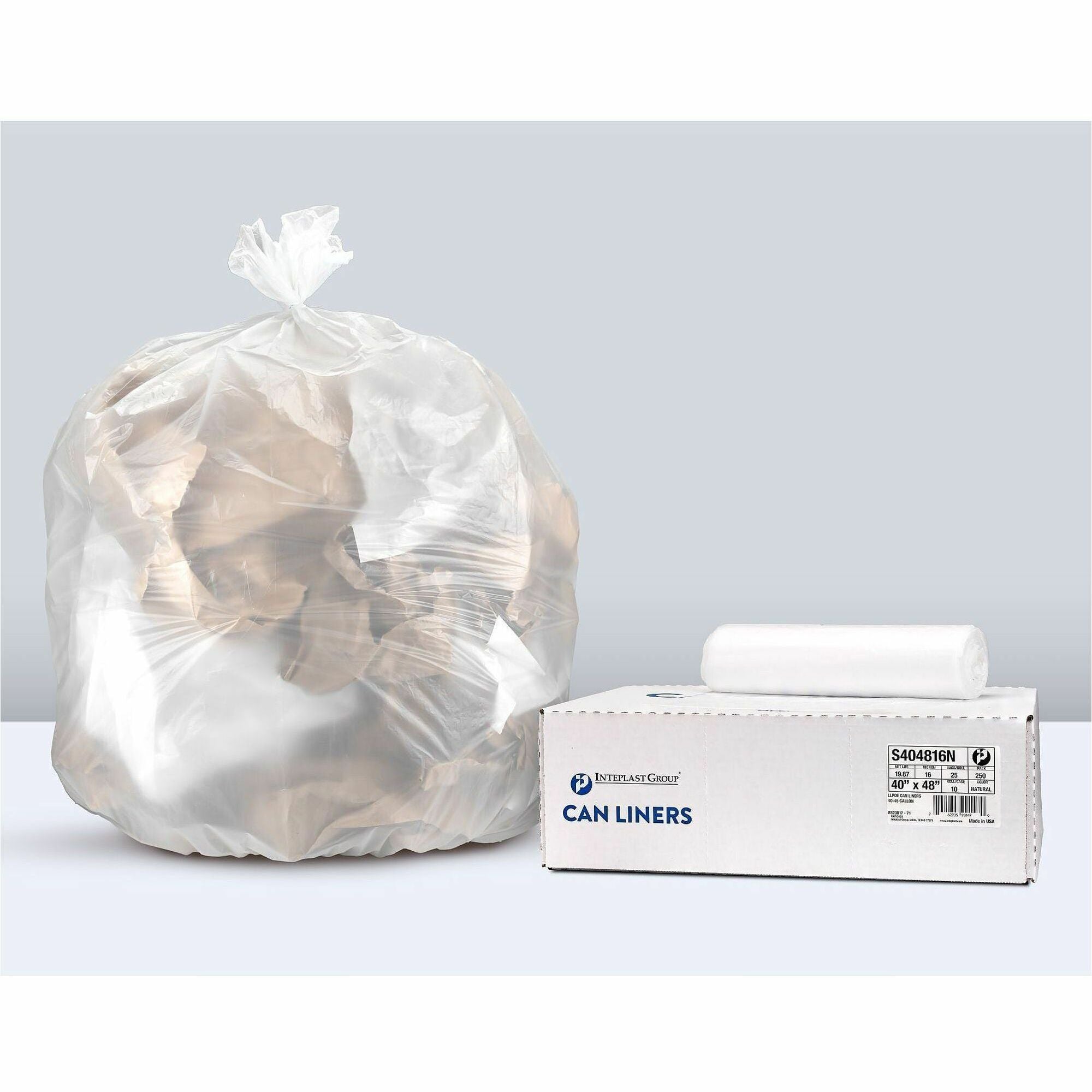 Inteplast HDPE Can Liners, 16 Microns, 40" x 48" , Natural, Pack Of 250 Liners - 45 gal Capacity - 48" Width x 0.63 mil (16 Micron) Thickness - High Density - Natural - High-density Polyethylene (HDPE) - Kitchen, Breakroom - 250 / Case