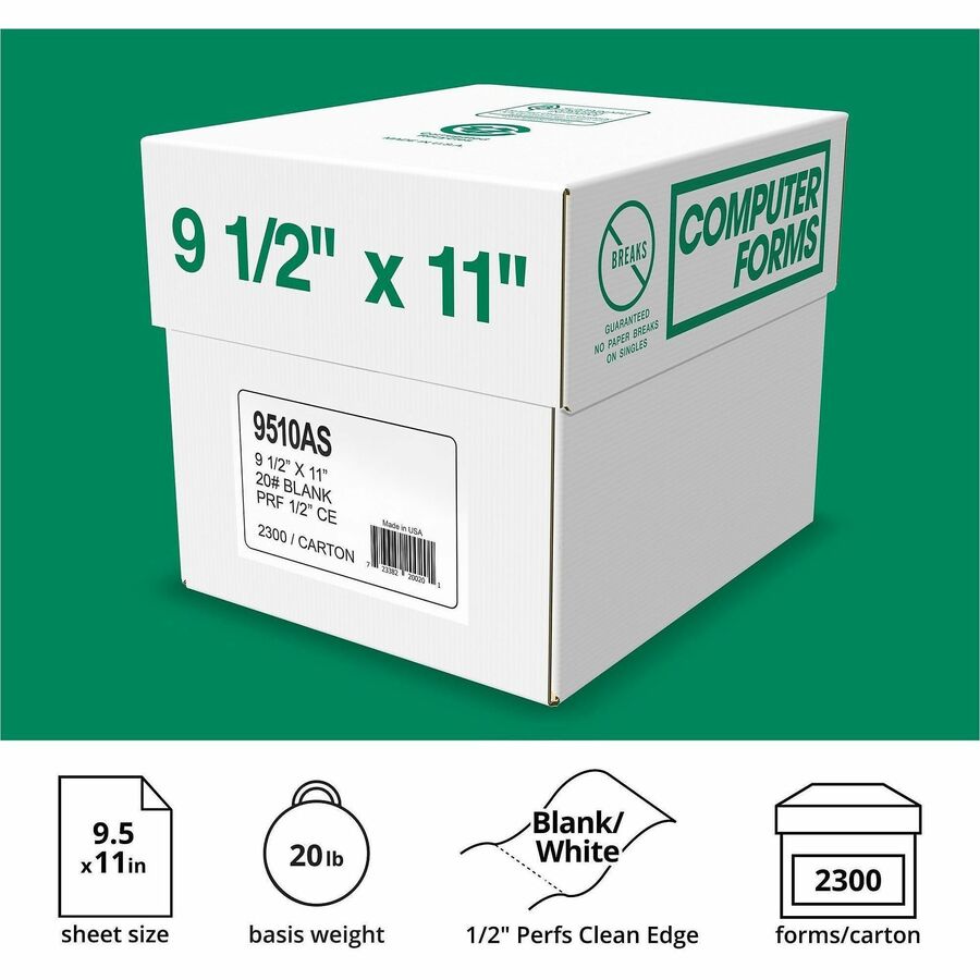 Domtar Continuous Paper - 9 1/2" x 11" - 20 lb Basis Weight - Acid-free, Carbonless, Perforated, Break Resistant, Fade Resistant, Uncoated - White - 10 / Carton
