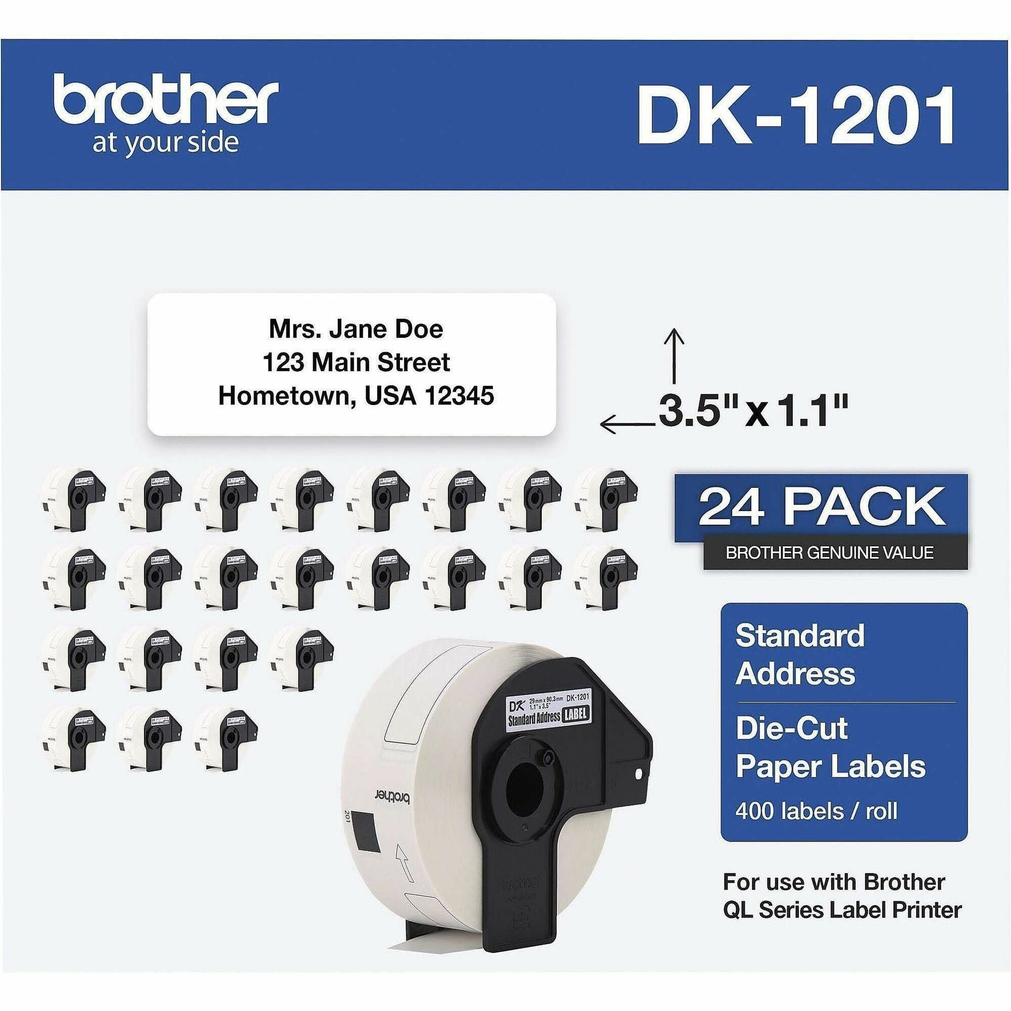 Brother DK Address Label - 1 9/64" Width x 3 1/2" Length - Rectangle - Thermal - White - Paper - 400 / Roll - 24 / Pack