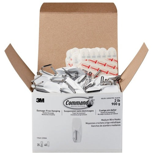 Command Medium Wire Hooks, 2-3/16"H x 7/8"W x 13/16"D, White, Pack Of 35 Hooks - 35 Medium Hook - 2 lb (907.2 g) Capacity - 2.2" Height x 0.9" Width - for Decoration, Clothes, Painted Surface, Tile, Wood, Glass, Metal, Calendar, Belt, Kitchen, Brush, ....