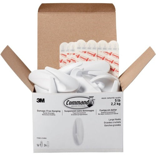 Command Large Designer Hooks, 4-1/8"H x 1-1/2"W x 1-1/2"D, White, Pack Of 16 Hooks - 16 Large Hook - 5 lb (2.27 kg) Capacity - 4.1" Height x 0.6" Width - for Coat, Painted Surface, Smooth Surface, Tile, Glass, Metal, Wood, Jacket, Banner, Accessories, ...