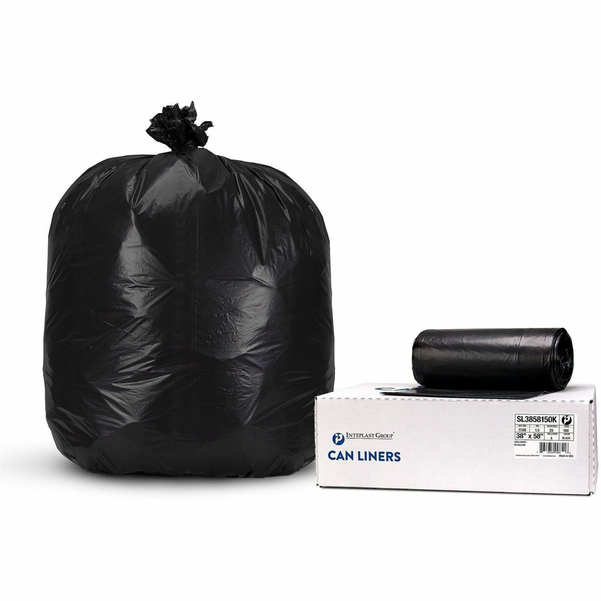 Inteplast LLDPE Can Liners, 1.5 mil, 38" x 58" , Black, Pack Of 100 Liners - 60 gal Capacity - 58" Width x 1.50 mil (38 Micron) Thickness - Low Density - Black - Linear Low-Density Polyethylene (LLDPE) - 1 Carton