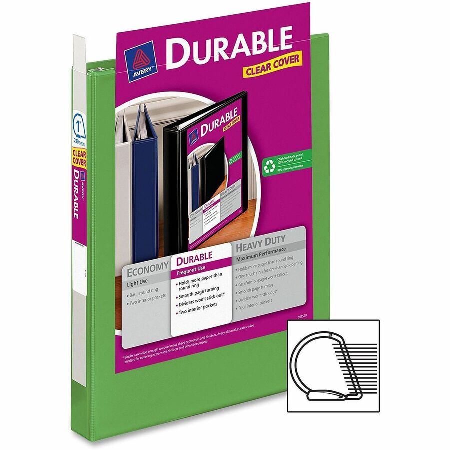 Avery Durable View 3 Ring Binder, 1 Inch Slant Rings, 1 Green Binder (17832) - 1" Binder Capacity - Letter - 8 1/2" x 11" Sheet Size - 250 Sheet Capacity - 1 2/5" Spine Width - 3 x 1" Ring(s) - Fastener(s): Slant Ring - Pocket(s): 2, Internal - Polypro...