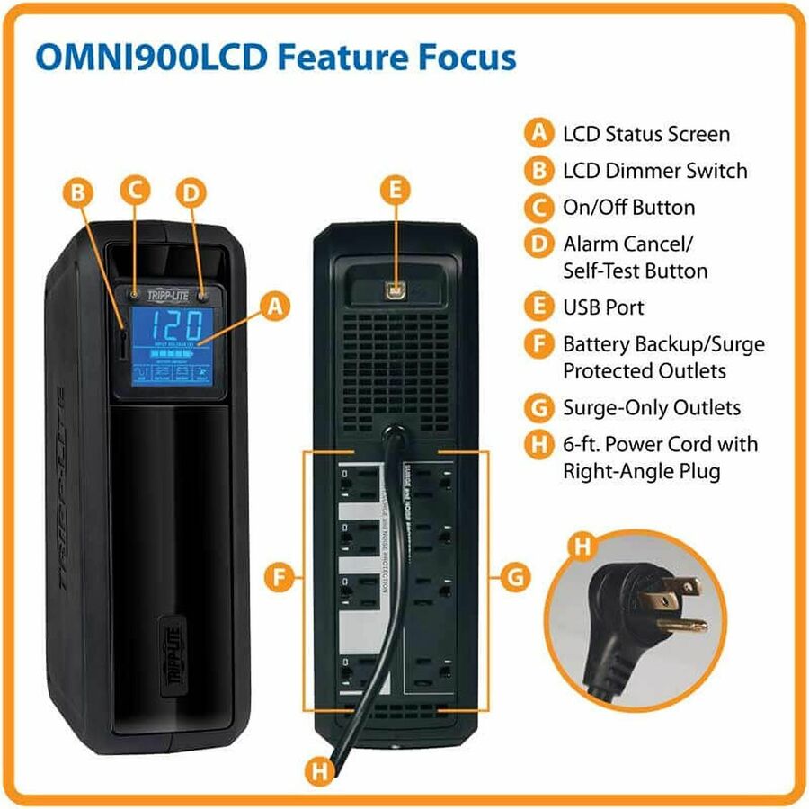 Tripp Lite series OmniSmart OMNI900LCD 900 VA Tower UPS - Tower - 20 Hour Recharge - 3 Minute Stand-by - 110 V AC Input - 120 V AC, 120 V AC Output - Pulse-width Modulated Sine Wave - USB - 8 x NEMA 5-15R Receptacle(s)