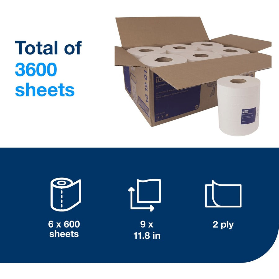 TORK Advanced Soft Centerfeed Hand Towel, 2-Ply, White - 2 Ply - 11.80" Width - 600 Sheets/Roll - 7.80" Roll Diameter - 2 29/32" Core - White - Paper - 600 / Roll