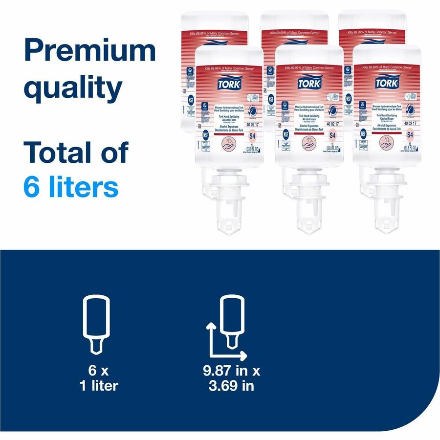 TORK Hand Sanitizer Foam Refill - Fragrance-free Scent - 1.06 quart - Hand, Healthcare, Food Handling - Moisturizing - Clear - Non-sticky, Hygienic, Unscented - 6 / Carton