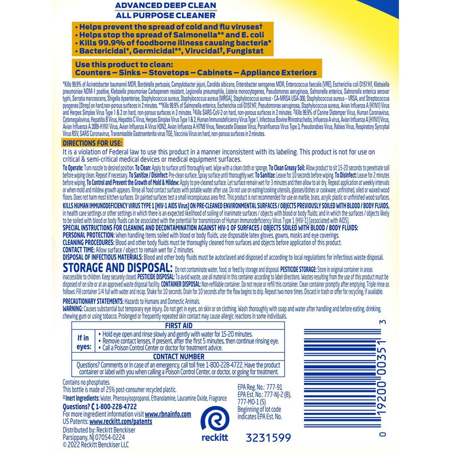 Lysol Advanced Deep Cleaner - 32 fl oz (1 quart) - 32 oz (2 lb) - Lemon Breeze Scent - Disinfectant - Clear Spray Bottle - 1 Each