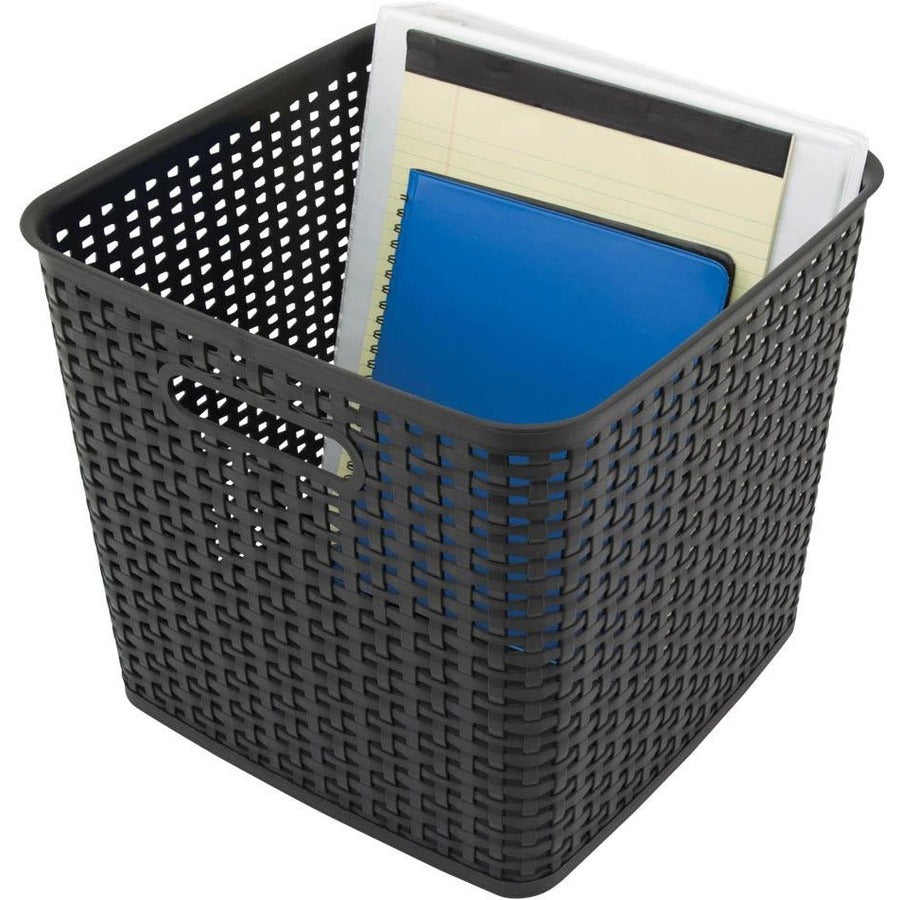 Advantus Extra Large Weave Bin, 2 pack - Sturdy, Easy to Clean, Handle - Black - Plastic - 2 Pack