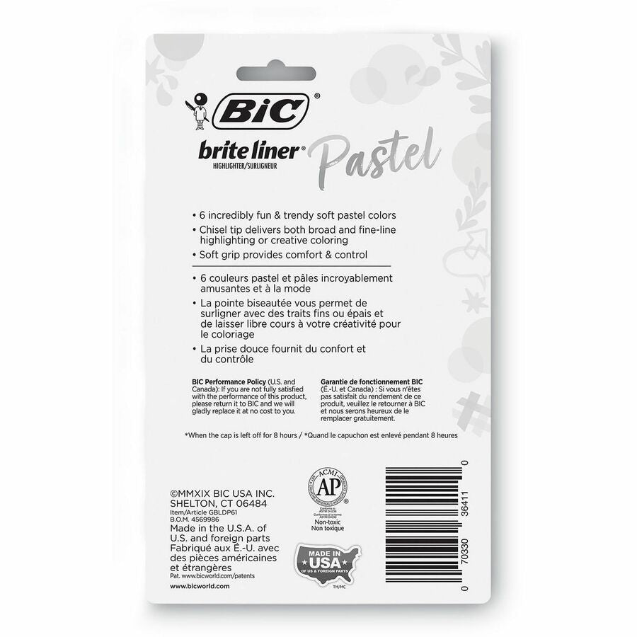 BIC Brite Liner Grip Highlighters, Assorted, 6 Pack - 1.6 mm Chisel Marker Point - Assorted Ink - 6 Pack