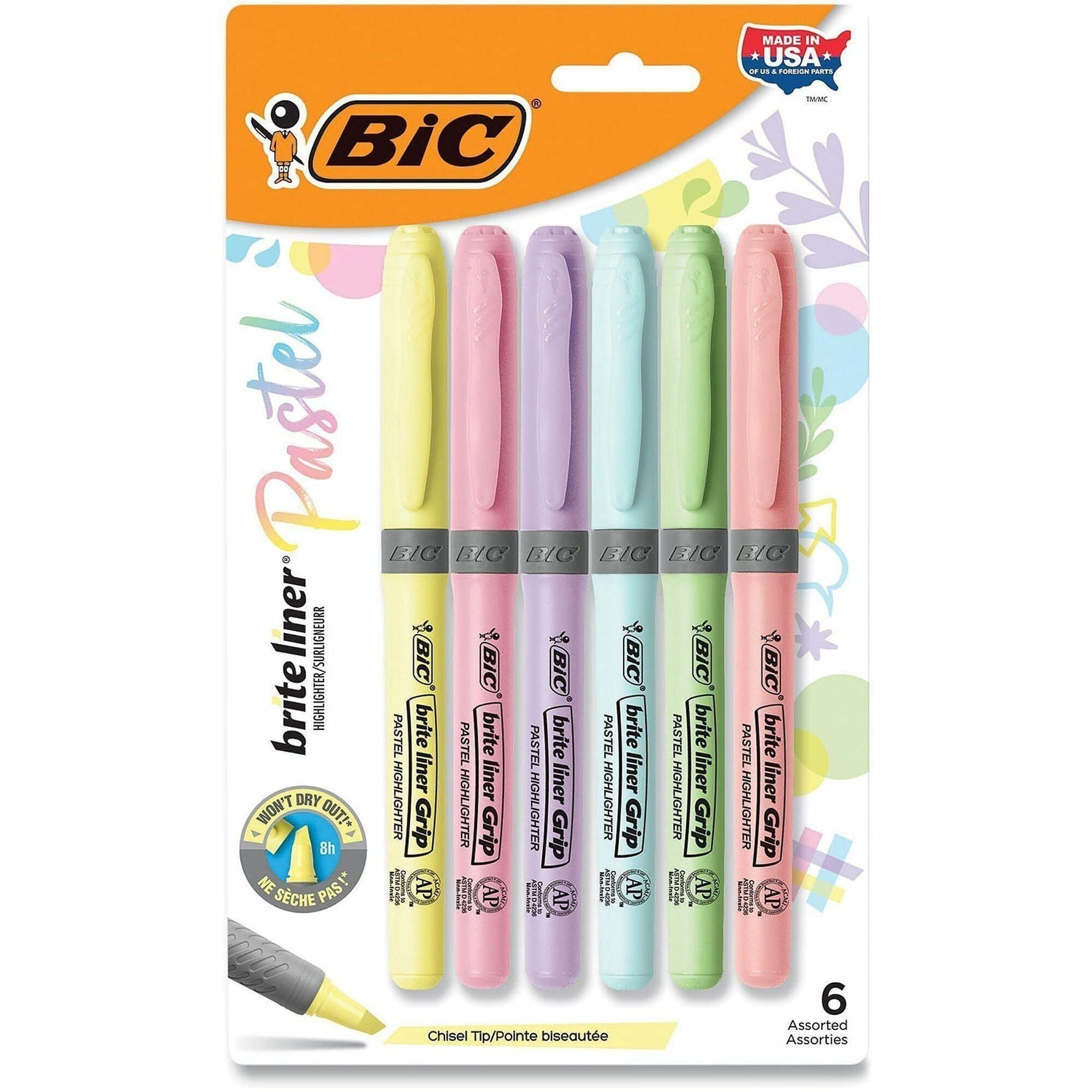 BIC Brite Liner Grip Highlighters, Assorted, 6 Pack - 1.6 mm Chisel Marker Point - Assorted Ink - 6 Pack