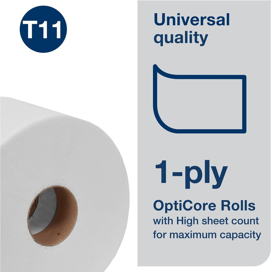 TORK OptiCore Mid-size Toilet Paper Roll White T11 - 1 Ply - 4" Length - 5.63" Roll Diameter - 1 43/64" Core - White - Fiber - 36 Rolls Per CartonCarton - 1755 Roll