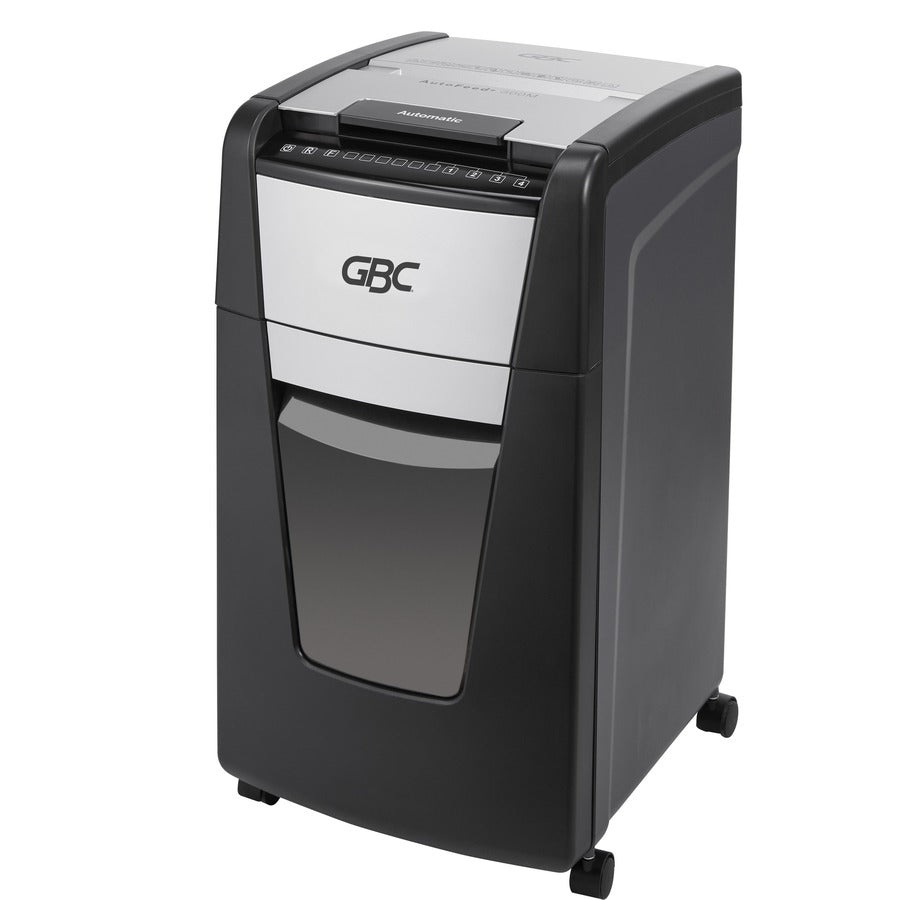 GBC AutoFeed+ Office Shredder, 300M, Micro-Cut, 300 Sheets - Continuous Shredder - Micro Cut - 8 Per Pass - for shredding Credit Card, Paper Clip, Staples, Paper - P-5 - 1 Hour Run Time - 16 gal Wastebin Capacity - Black
