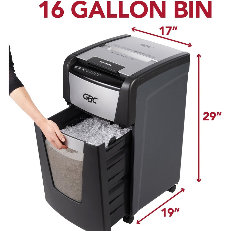 GBC AutoFeed+ Office Shredder, 300M, Micro-Cut, 300 Sheets - Continuous Shredder - Micro Cut - 8 Per Pass - for shredding Credit Card, Paper Clip, Staples, Paper - P-5 - 1 Hour Run Time - 16 gal Wastebin Capacity - Black