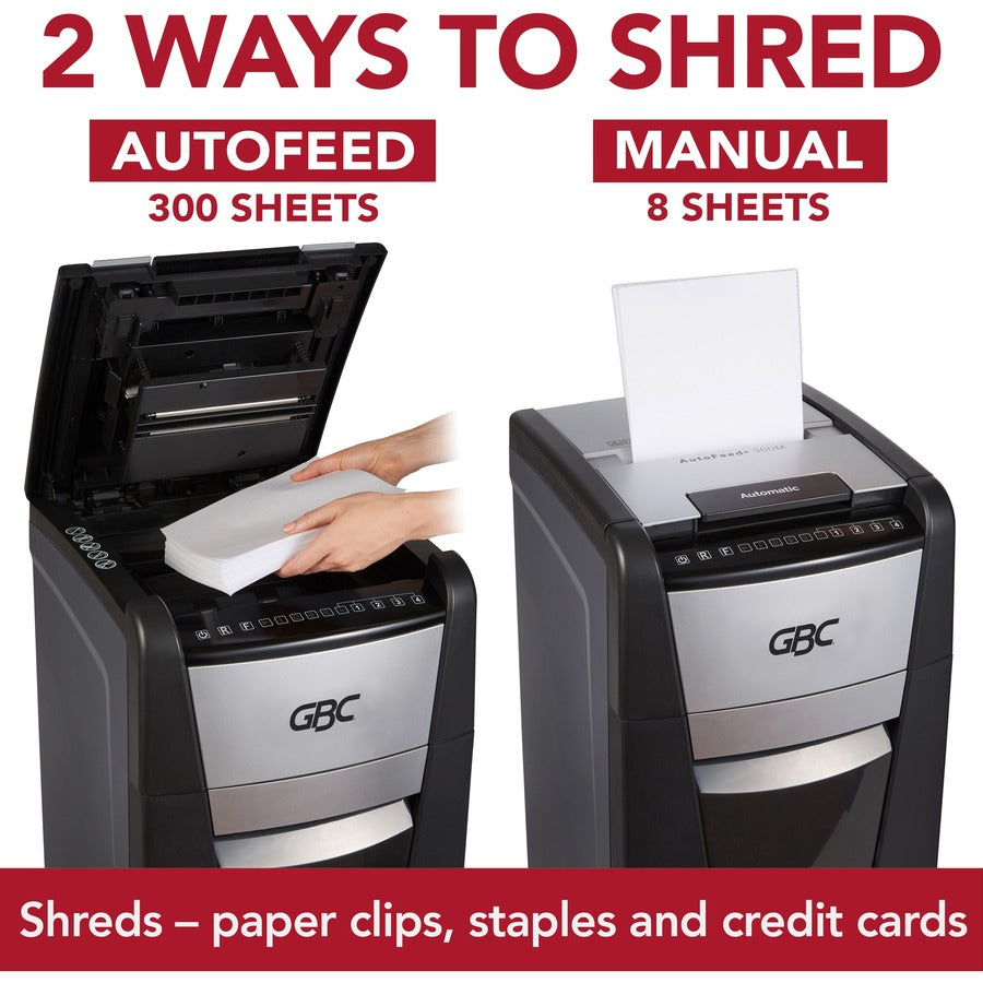 GBC AutoFeed+ Office Shredder, 300M, Micro-Cut, 300 Sheets - Continuous Shredder - Micro Cut - 8 Per Pass - for shredding Credit Card, Paper Clip, Staples, Paper - P-5 - 1 Hour Run Time - 16 gal Wastebin Capacity - Black
