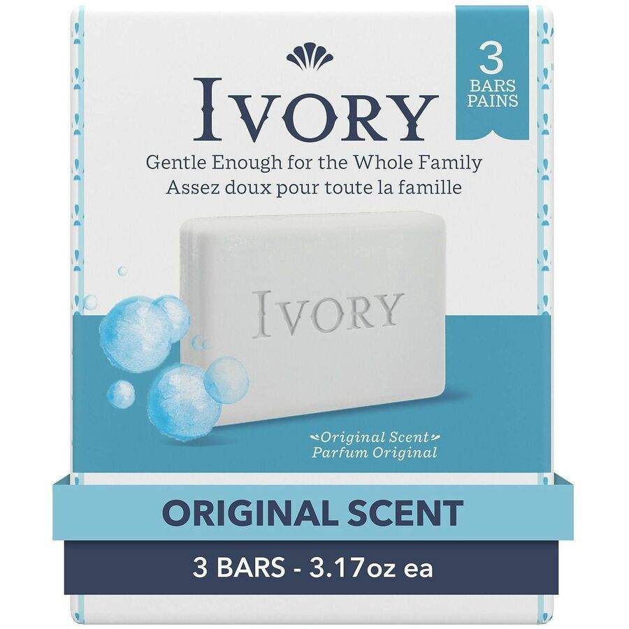 Ivory Bar Soap - Ivory-clean Scent - 3.10 oz - Dirt Remover, Oil Remover - Skin - White - Non-clog - 3 / Pack