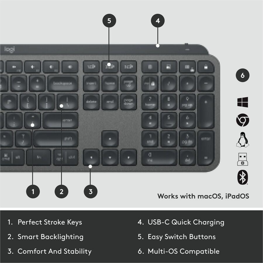 Logitech MX Keys for Business Keyboard - Wireless Connectivity - Bluetooth - 32.81 ft - iPhone, iPad, iPad mini, iPod, Tablet, Desktop Computer, Notebook, Smartphone - Windows, Mac OS, iOS, iPadOS, Linux, ChromeOS, Android