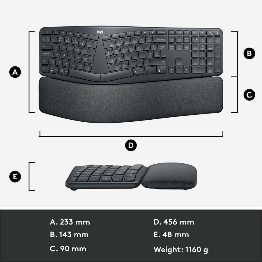 Logitech ERGO K860 Split Ergonomic Keyboard - Wireless Connectivity - Bluetooth - 32.81 ft - ChromeOS - PC, Mac - AAA Battery Size Supported - Graphite