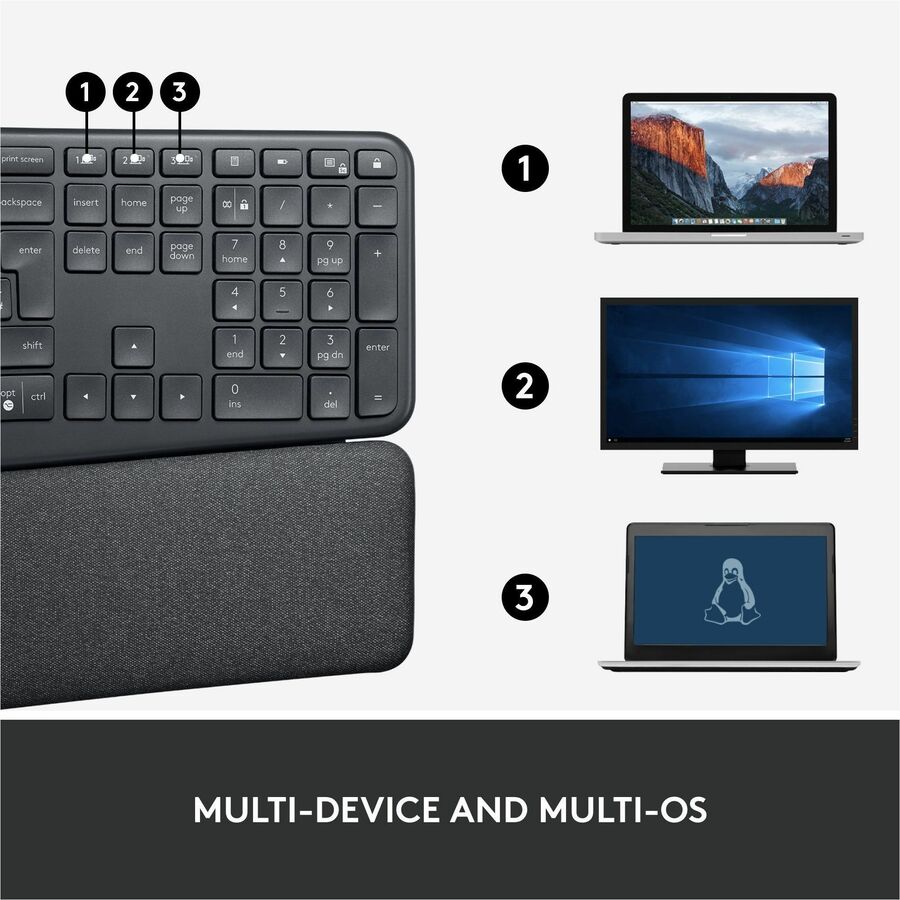 Logitech ERGO K860 Split Ergonomic Keyboard - Wireless Connectivity - Bluetooth - 32.81 ft - ChromeOS - PC, Mac - AAA Battery Size Supported - Graphite