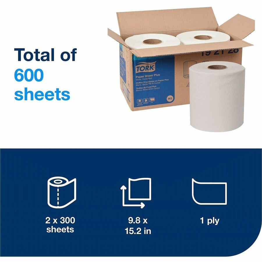 TORK Paper Wiper Plus White W2 - 1 Ply15.20" Length - 300 Sheets/Roll - 3.66" Roll Diameter - 1 3/16" Core - White - Paper - 2 Roll