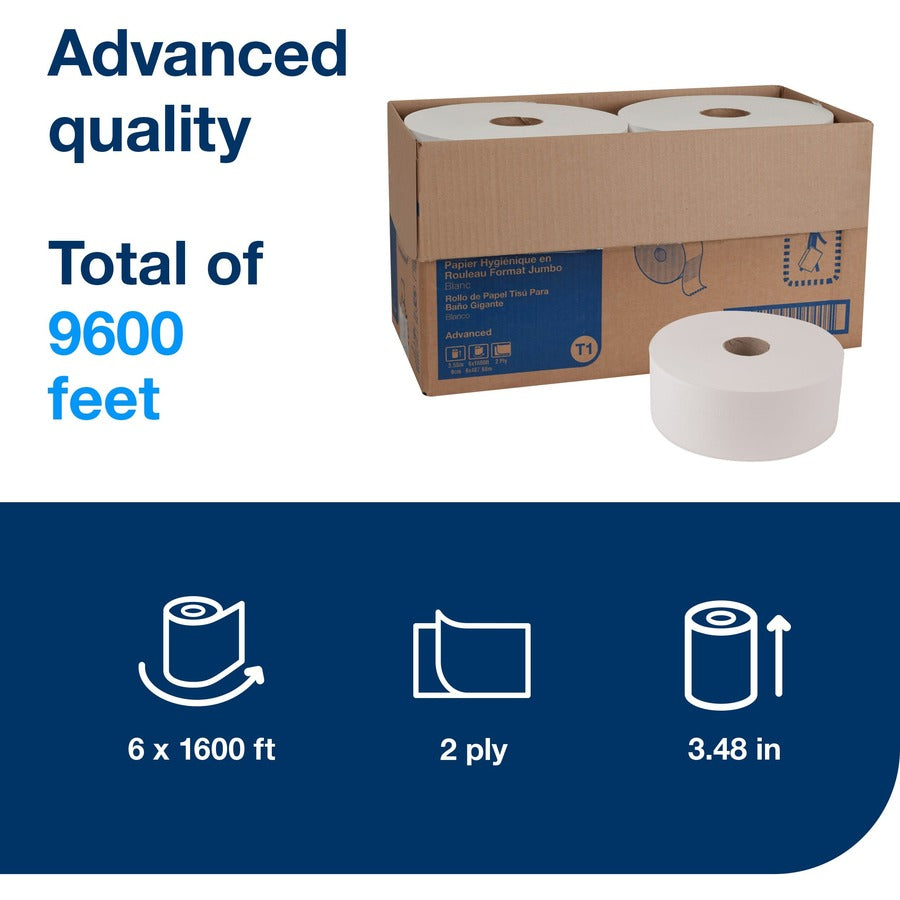 TORK Jumbo Toilet Paper Roll White T1 - 2 Ply - 10" Roll Diameter - 2 11/32" Core - White - Fiber, Paper - 6 Roll