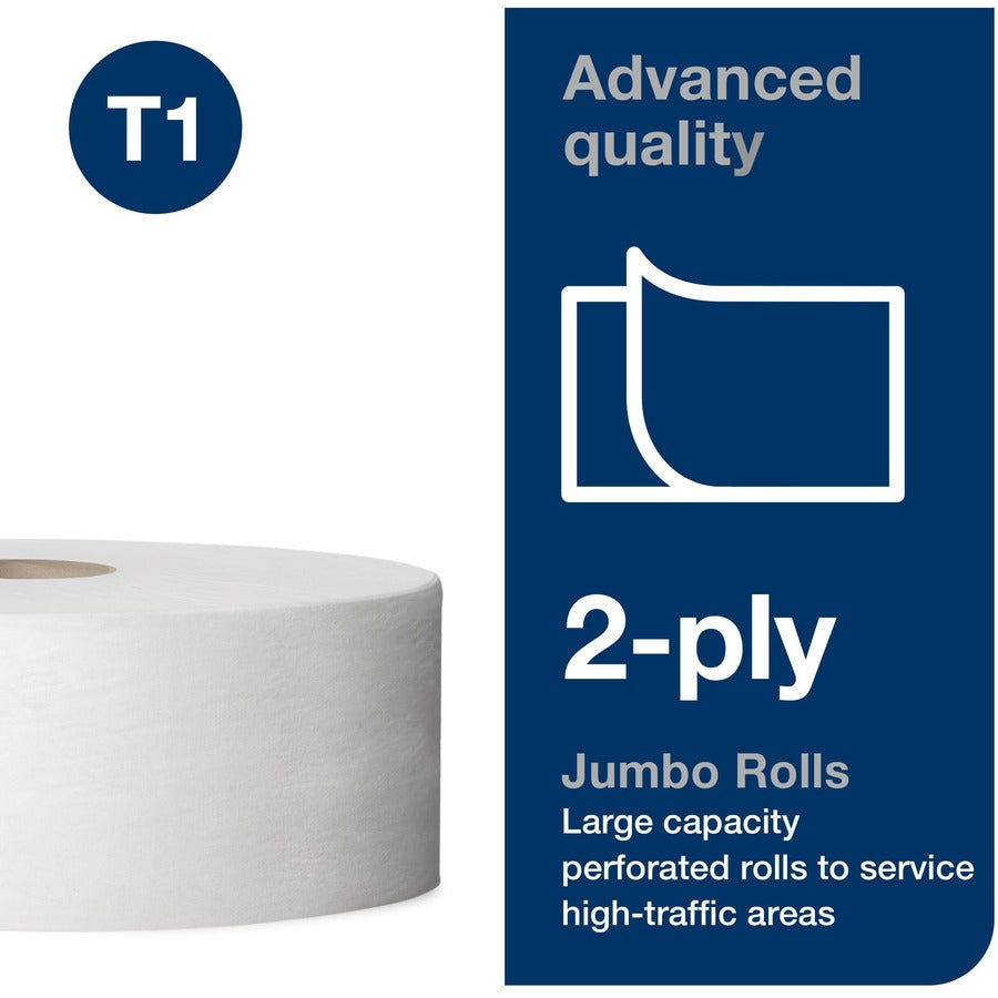 TORK Jumbo Toilet Paper Roll White T1 - 2 Ply - 10" Roll Diameter - 2 11/32" Core - White - Fiber, Paper - 6 Roll
