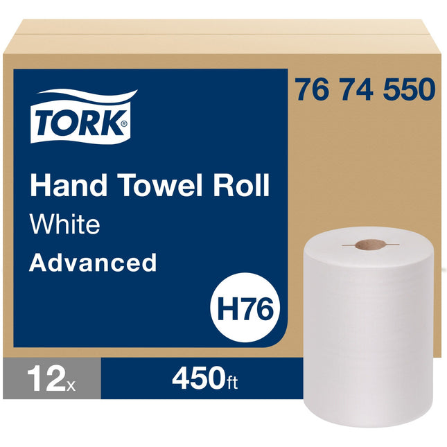 TORK Advanced Hand Towel Roll - 1 Ply - 1 15/16" Core - Texture - White - Paper - 12 Roll