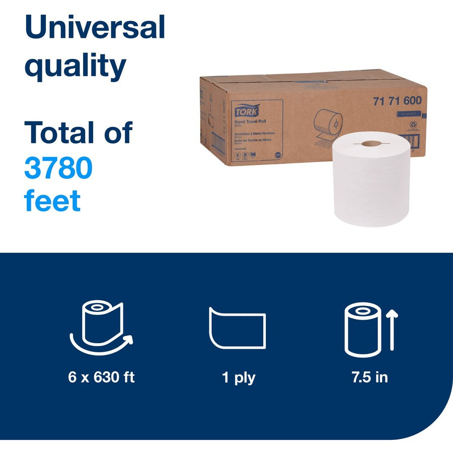TORK Hand Towel Roll White H71 - 1 Ply - 7.80" Roll Diameter - Logo Embossed - White - Paper, Fiber - 6 / Carton