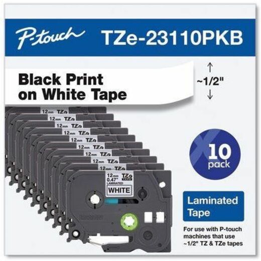 Brother TZe Label Tape - Rectangle - Thermal Transfer - Black on White - Water Resistant - Laminated - 10 Cassette