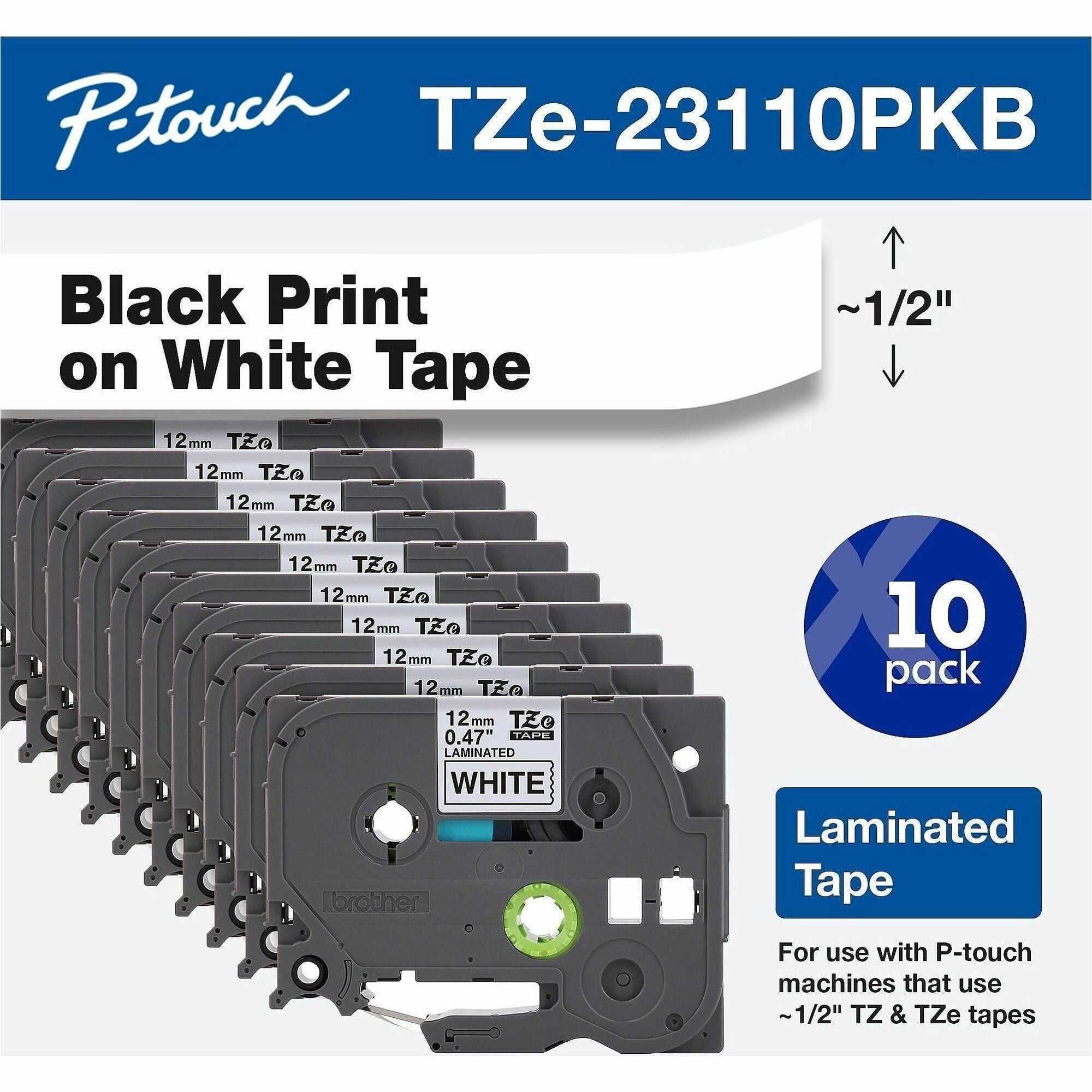 Brother TZe Label Tape - Rectangle - Thermal Transfer - Black on White - Water Resistant - Laminated - 10 Cassette