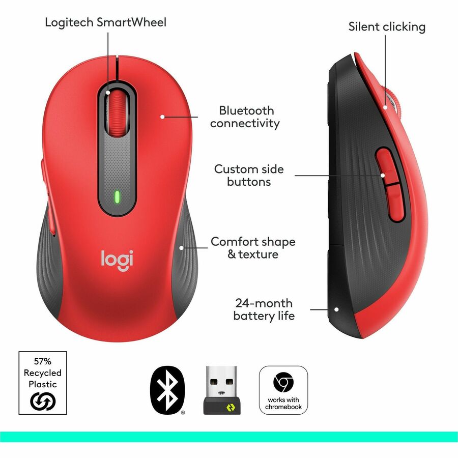 Logitech Signature M650 L (Red) - Optical - Wireless - Bluetooth/Radio Frequency - Red - USB - 2000 dpi - Scroll Wheel - 5 Button(s) - 5 Programmable Button(s) - Large Hand/Palm Size