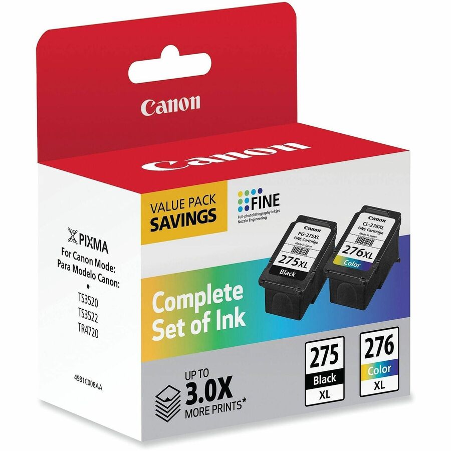 Canon PG-275XL/CL-276XL Original High Yield Inkjet Ink Cartridge - Value Pack - Return Program - Black, Tri-color - 2 Each - 11.9 mL Black, 12.6 mL Color