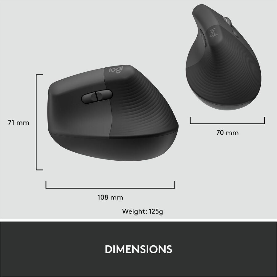 Logitech Lift Ergo Mouse - Optical - Wireless - Bluetooth/Radio Frequency - Graphite - USB - 4000 dpi - Scroll Wheel - 4 Button(s) - Small/Medium Hand/Palm Size - 1 Each