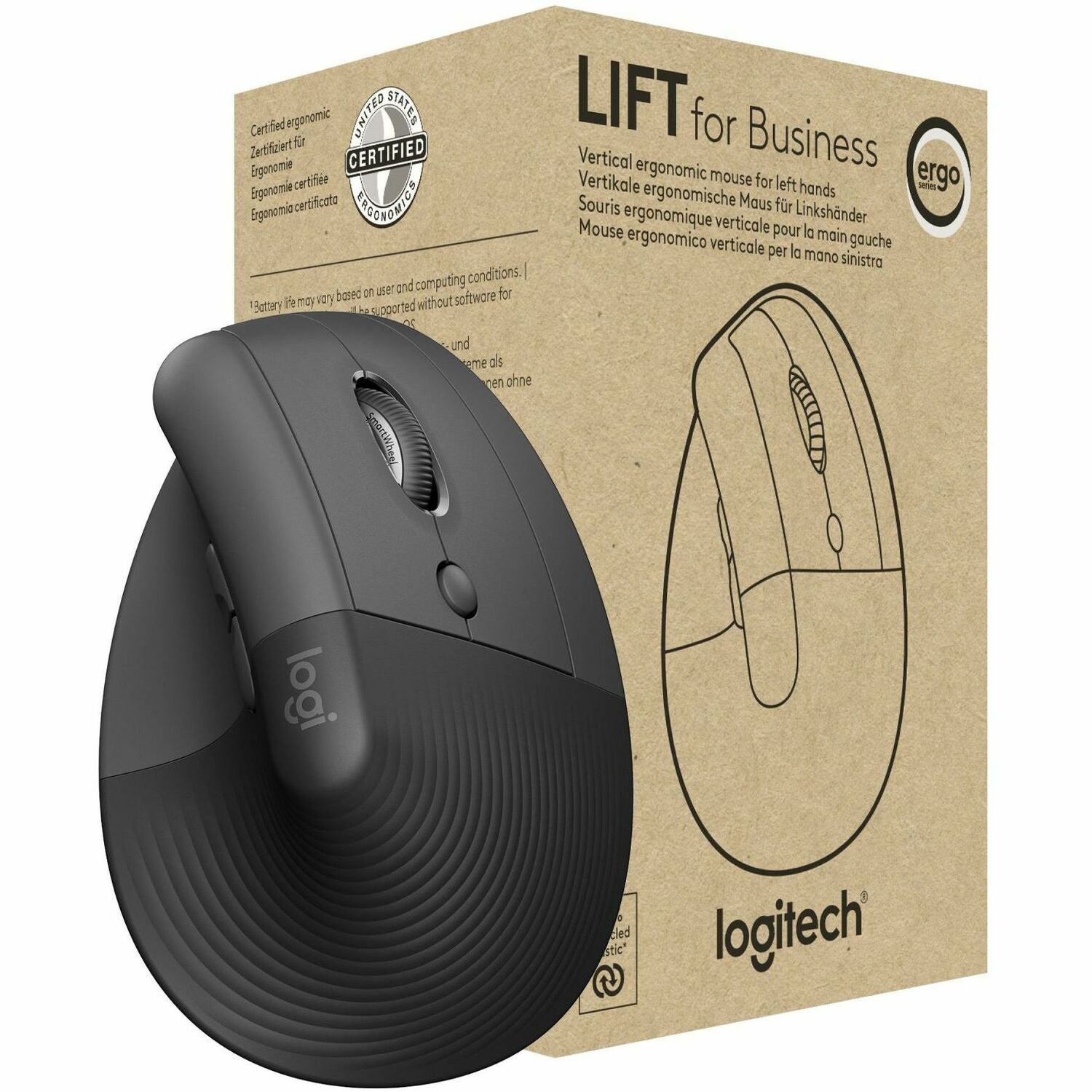 Logitech Lift Ergo Mouse - Optical - Wireless - Bluetooth/Radio Frequency - Graphite - USB - 4000 dpi - Scroll Wheel - 4 Button(s) - Small/Medium Hand/Palm Size - 1 Each