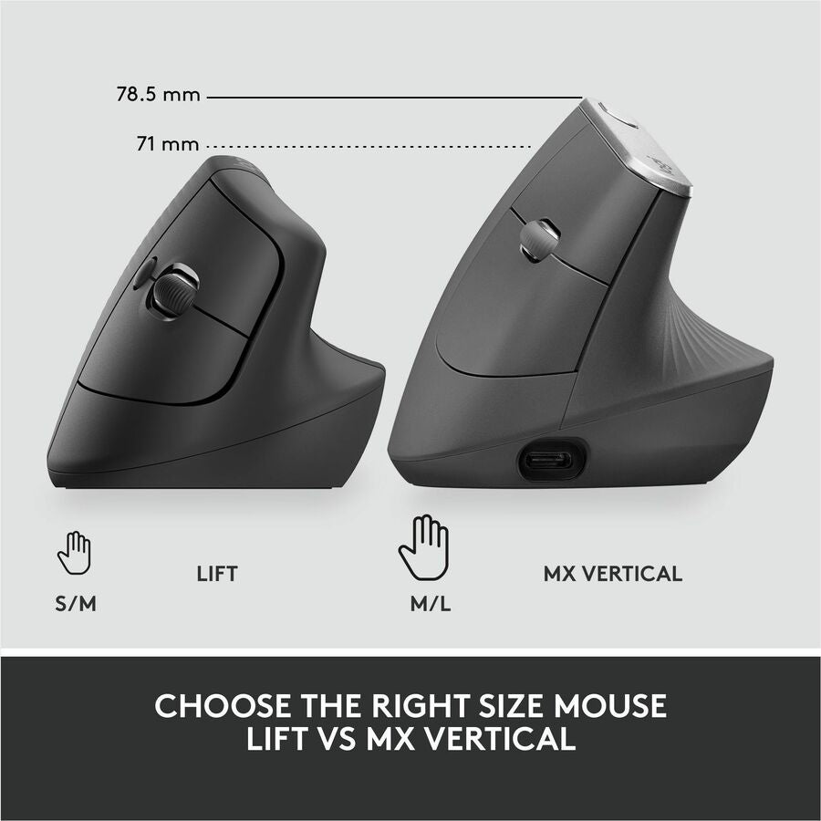 Logitech Lift Ergo Mouse - Optical - Wireless - Bluetooth/Radio Frequency - Graphite - USB - 4000 dpi - Scroll Wheel - 4 Button(s) - Small/Medium Hand/Palm Size - 1 Each