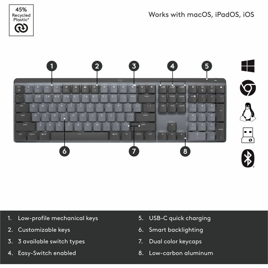 Logitech MX Mechanical Keyboard - Wireless Connectivity - Bluetooth - 33 ft - USB Interface - Windows 10, Windows 11, macOS 10.15, iOS 14, iPadOS 14, Linux, ChromeOS, Android 8.0 - PC, Mac - Mechanical Keyswitch - Proprietary Battery Size Battery Size ...