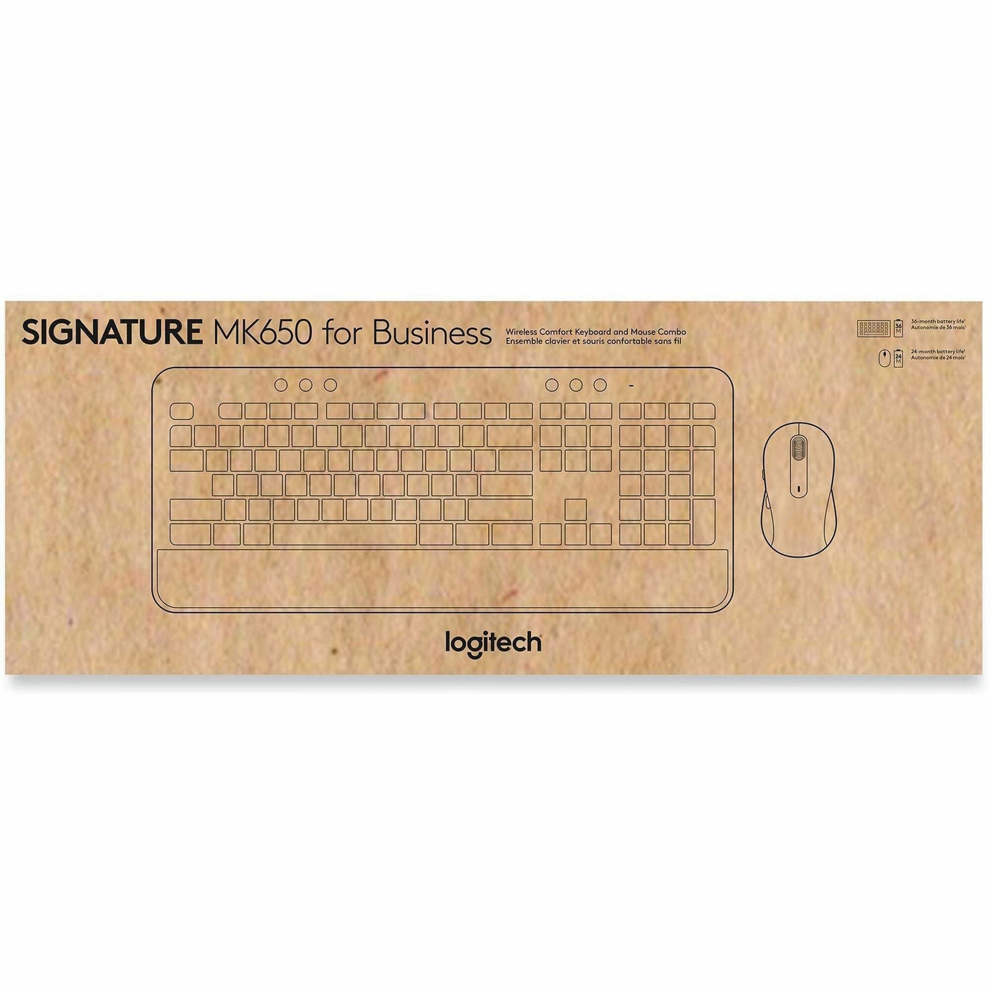 Logitech Signature MK650 Combo for Business Wireless Mouse and Keyboard Combo - USB Plunger Wireless Bluetooth/RF Keyboard - 118 Key - English (US) - Off White - USB Wireless Bluetooth/RF Mouse - 4000 dpi - Scroll Wheel - Off White - Symmetrical - AA -...