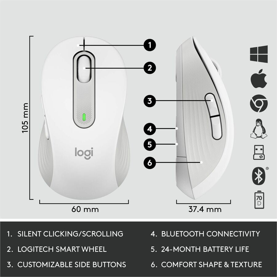 Logitech Signature MK650 Combo for Business Wireless Mouse and Keyboard Combo - USB Plunger Wireless Bluetooth/RF Keyboard - 118 Key - English (US) - Off White - USB Wireless Bluetooth/RF Mouse - 4000 dpi - Scroll Wheel - Off White - Symmetrical - AA -...