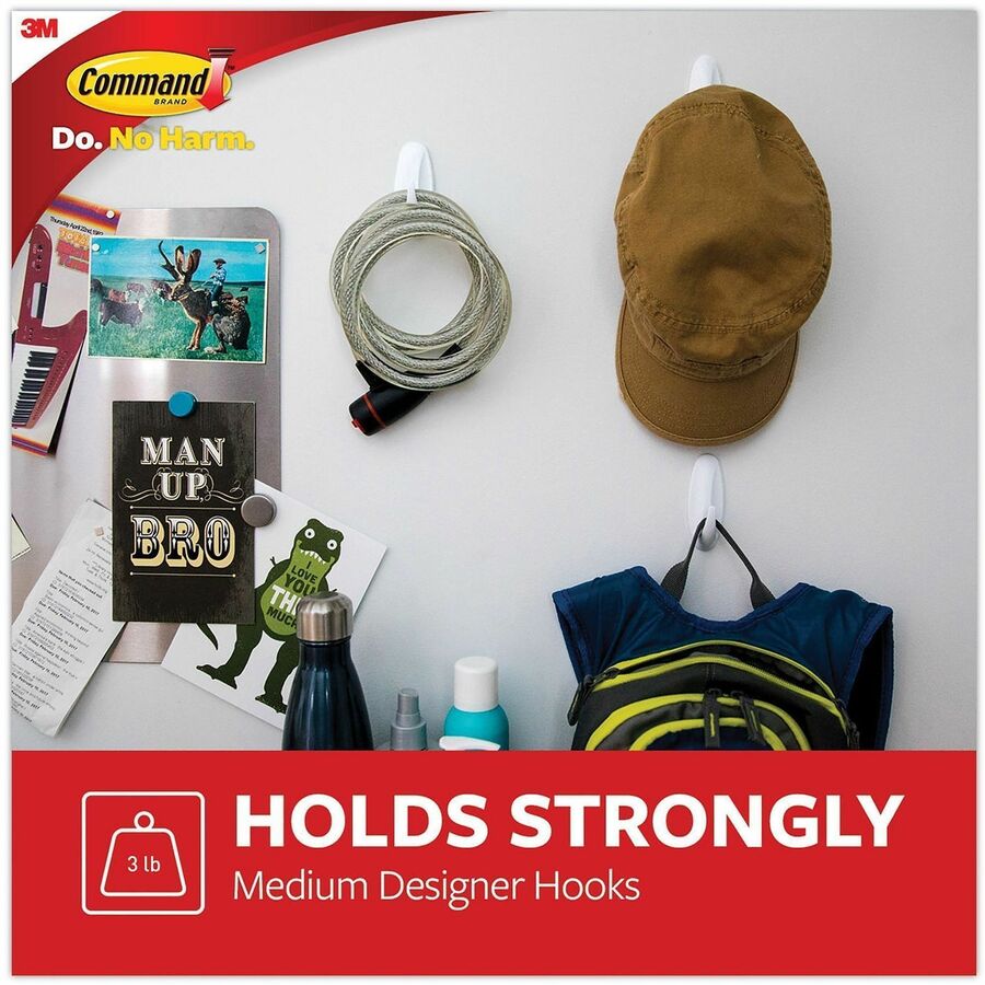 Command General Purpose Designer Hooks - 6 Hooks - 3 lb (1.36 kg) Capacity - Reusable - Adhesive - Medium - for Painted Surface, Wood, Tile, General Purpose - Plastic - White - 6 / Pack